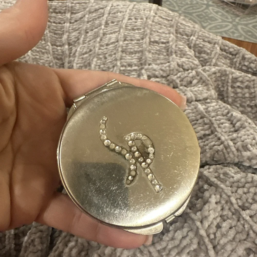 Vintage Unbranded Compact Mirror Makeup Karess Woodworth Style Silver Rhinestone